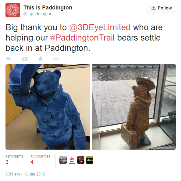 Big thank you to @3DEyeLimited who are helping our #PaddingtonTrail bears settle back in at Paddington