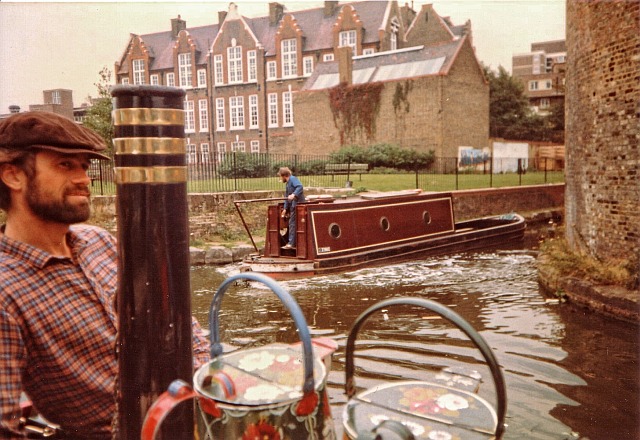Kirk on Tarporley (taking a rest from skippering!) as a boat emerges from Laburnum basin 1986